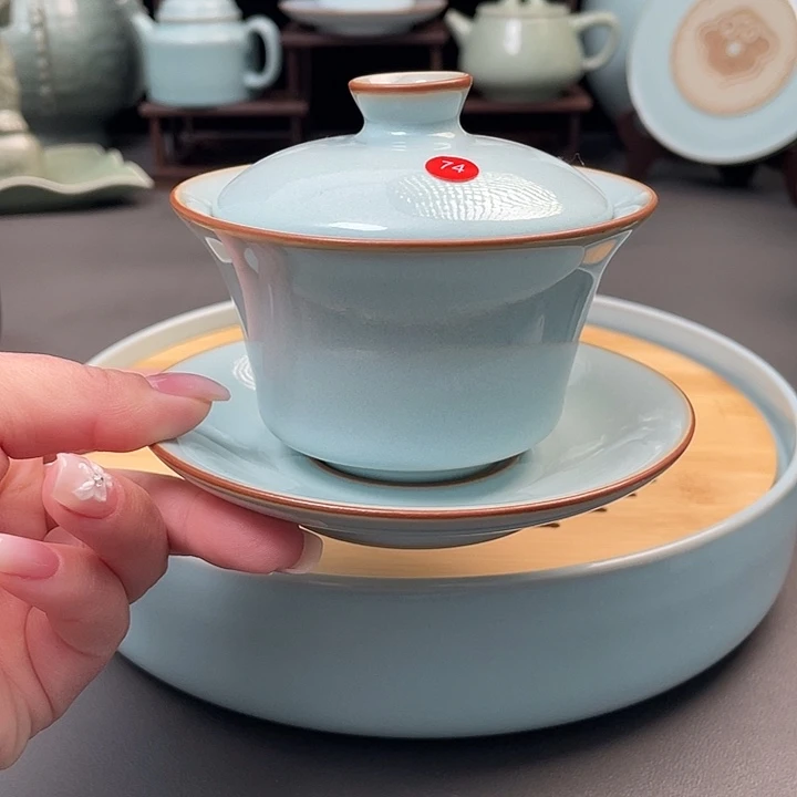 瓷片天青马蹄盖碗微微瑕简包装