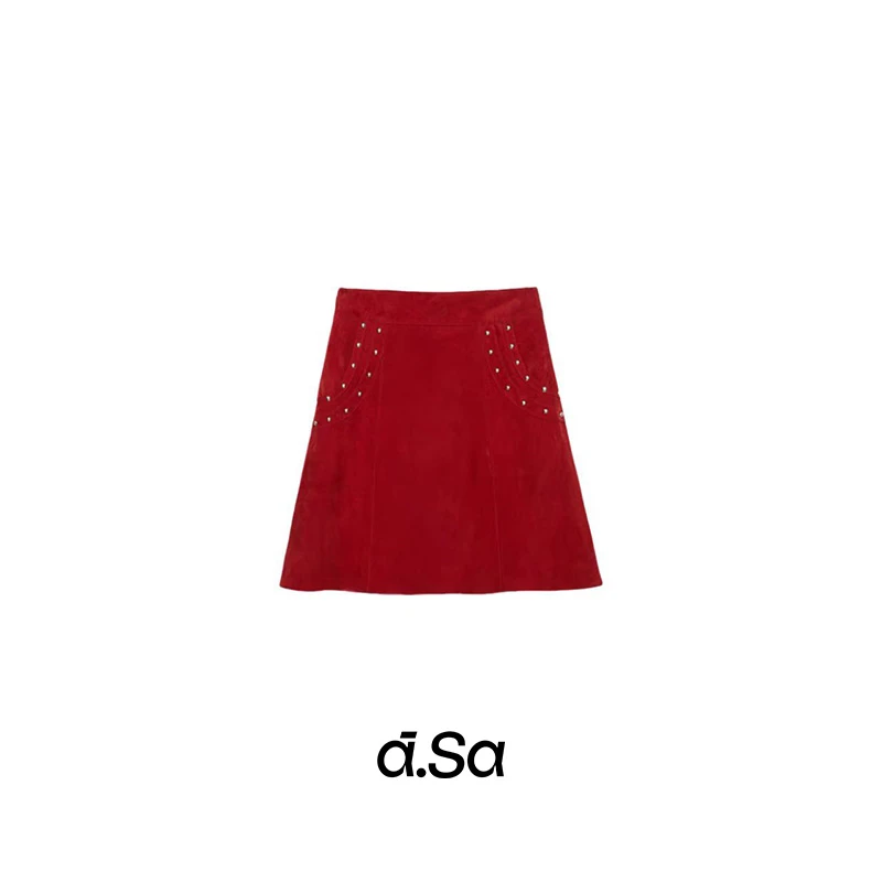 ASA-【红色高腰绒面铆钉半裙】