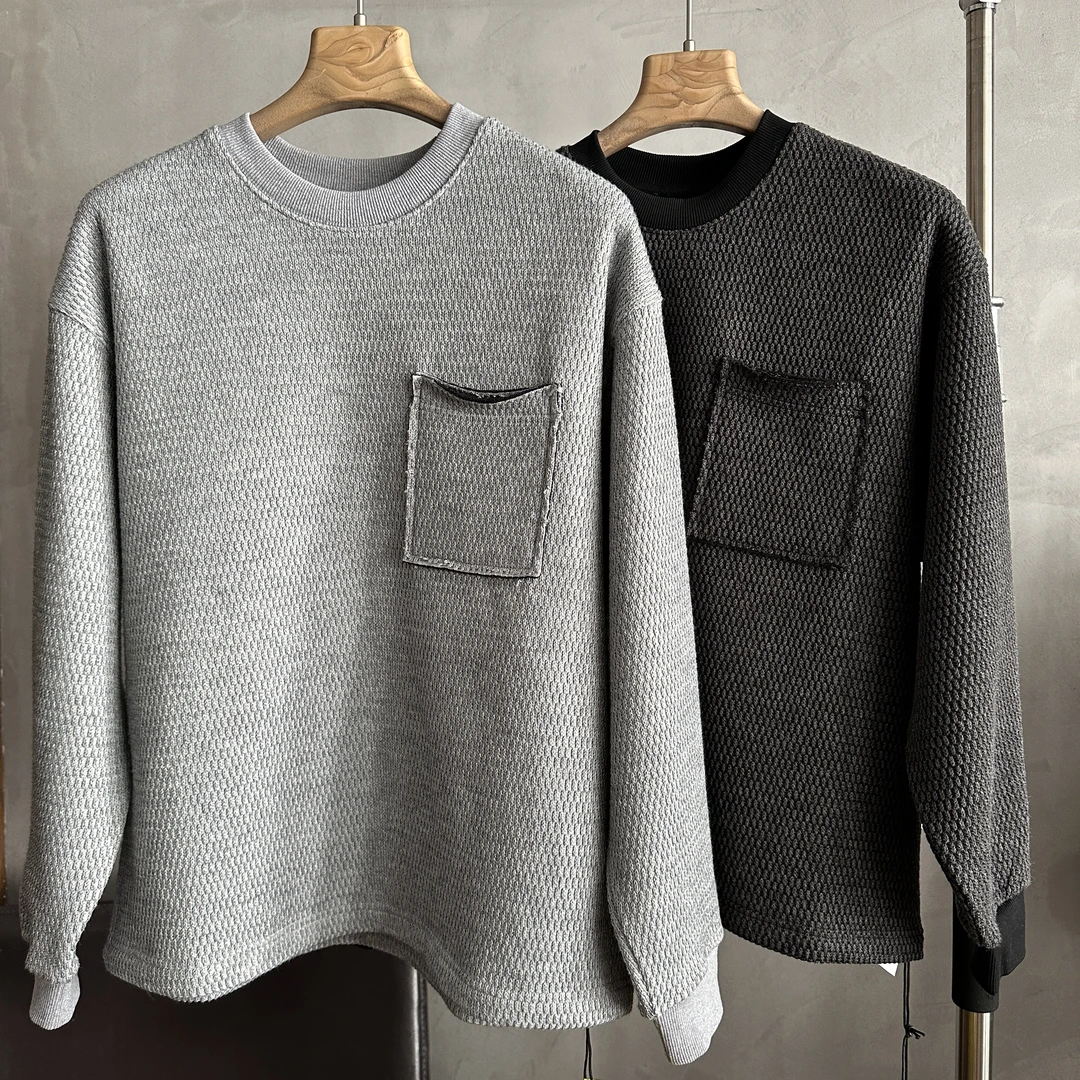 （楠悦）冬季新款加绒加厚圆领贴袋卫衣宽松日系保暖针织双色混织