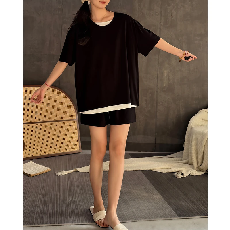 2025年新款睡衣女夏季莫代尔短袖薄款休闲可外穿假两件家居服套装