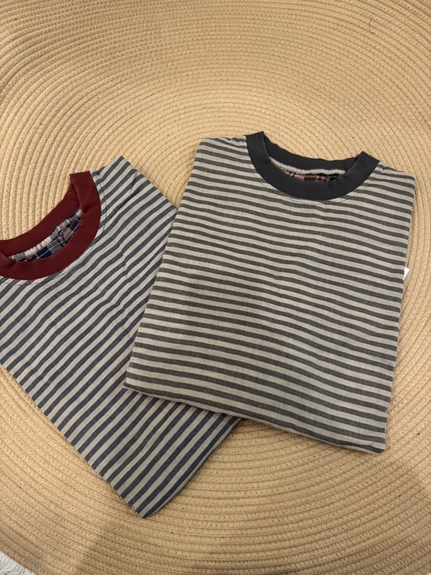 山茶｜条纹长袖短袖拼色夏季撞色短袖T恤打底衫户外圆领撞色