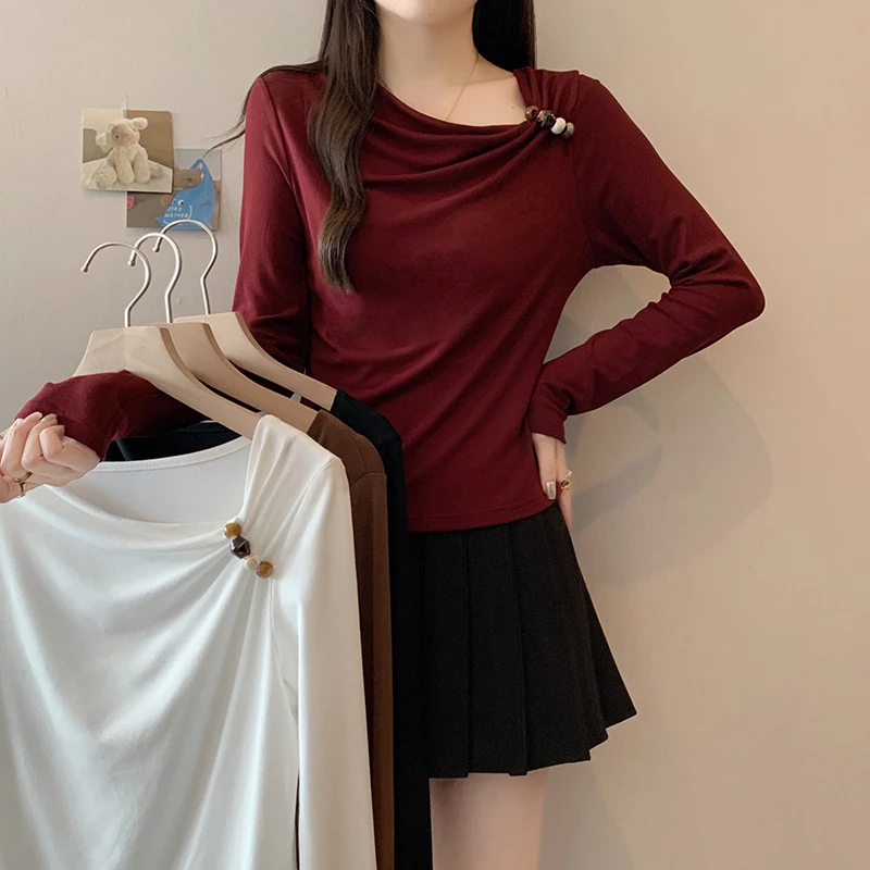 2025秋季新款褶皱斜肩上衣高级感打底衫长袖T恤女6020