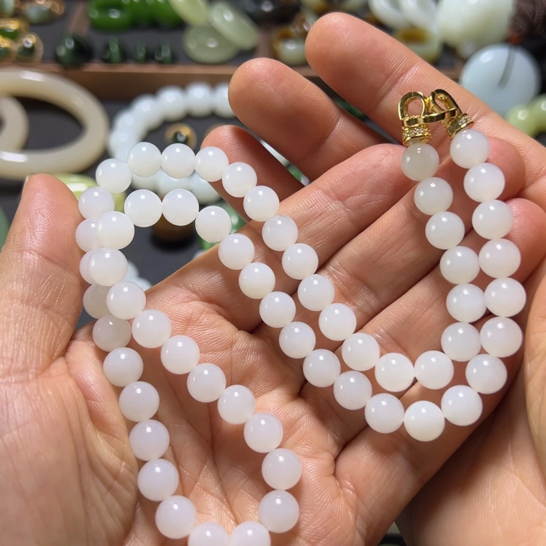 和田玉银S925镶嵌项链珠子卡8