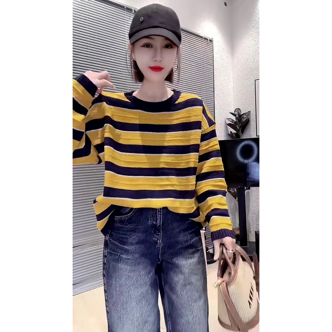 法式洋气宽松慵懒风撞色条纹圆领长袖针织衫