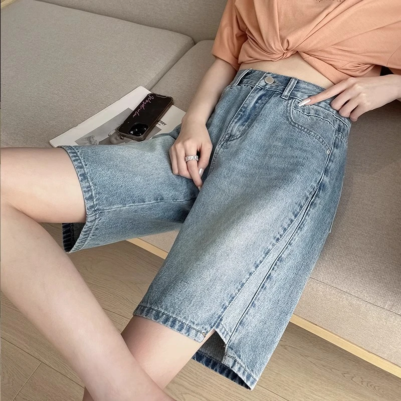 拼接五分牛仔短裤女夏季薄款高腰5分宽松显瘦宽松直筒阔腿裤中裤