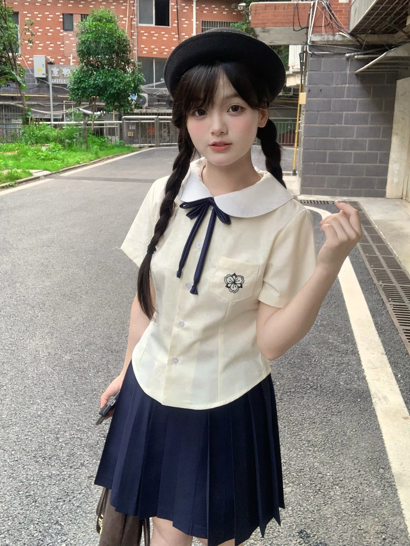 【尘芒JK】原创小满短袖衬衫百搭jk制服套装收腰清新衬衫刺绣款夏