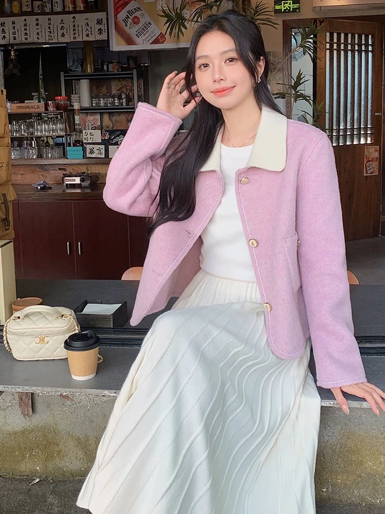 紫色小香风羊毛大衣女2025春季新款休闲时尚洋气减龄短款毛呢外套