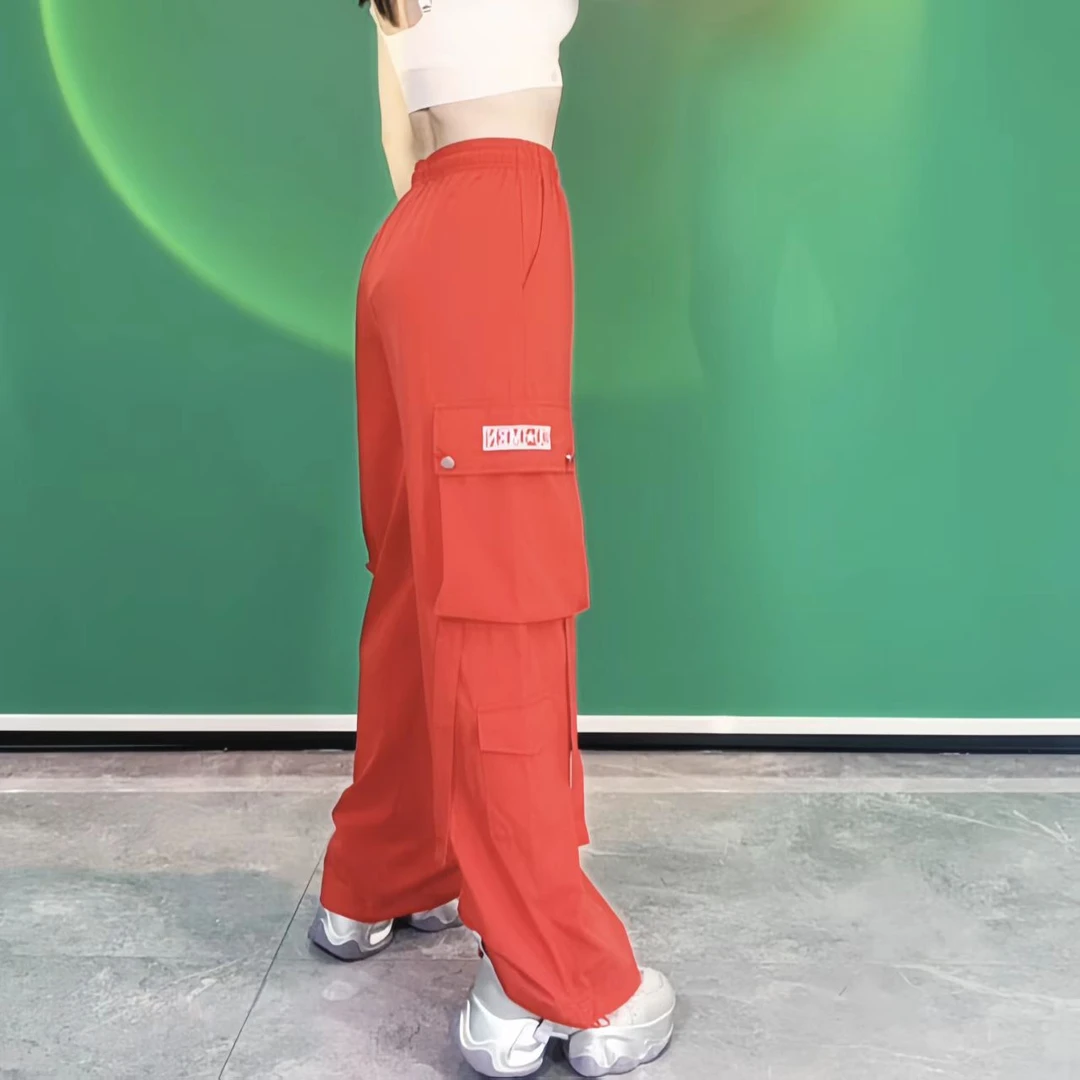 刺绣口袋，飘带工装裤吸汗休闲裤直筒高腰夏季韩版运动裤裤子阔腿