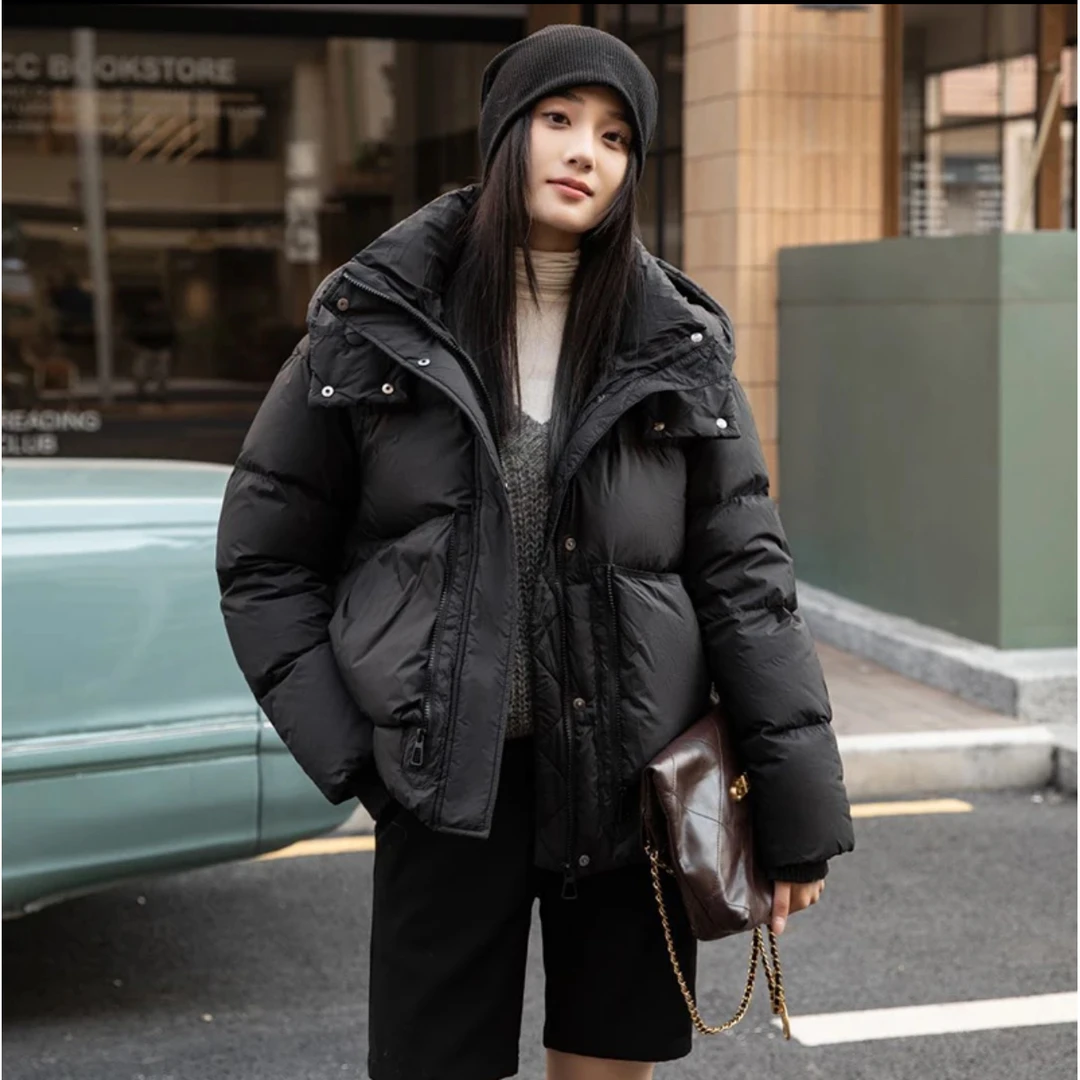 拉链潮流情侣秋冬短款连帽高蓬易回弹宽松保暖羽绒服女