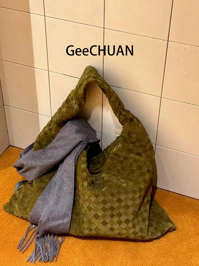 GeeCHUAN 苔藓绿复古麂皮绒大容量编织包百搭简约通勤单肩托特包