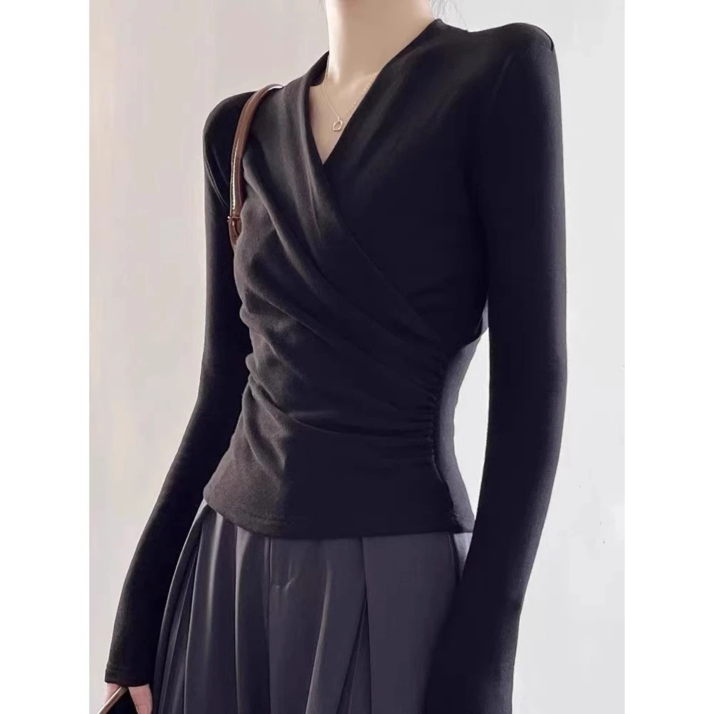 黑色加厚加绒德绒打底衫内搭女秋冬季长袖T恤交叉V领洋气紧身上衣