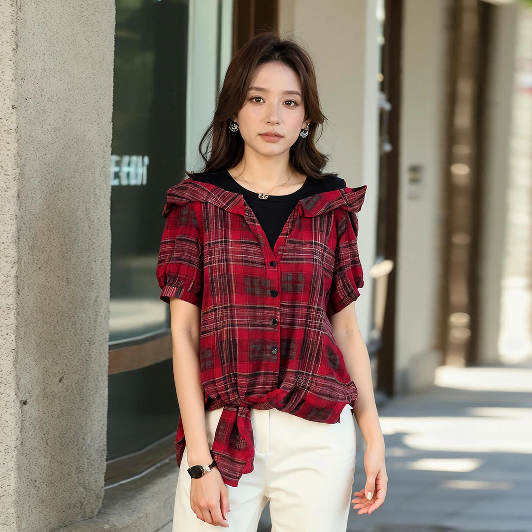 奢姿大码女装2025夏季减龄露肩衬衫胖妹妹时尚假两件拼接格纹上衣