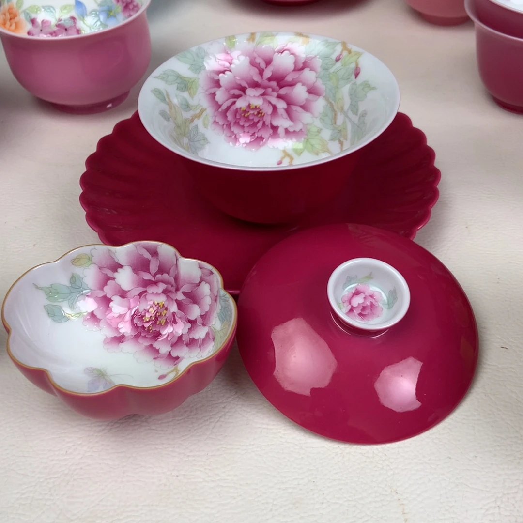 蘤***陶胭脂红牡丹三件套手工手绘