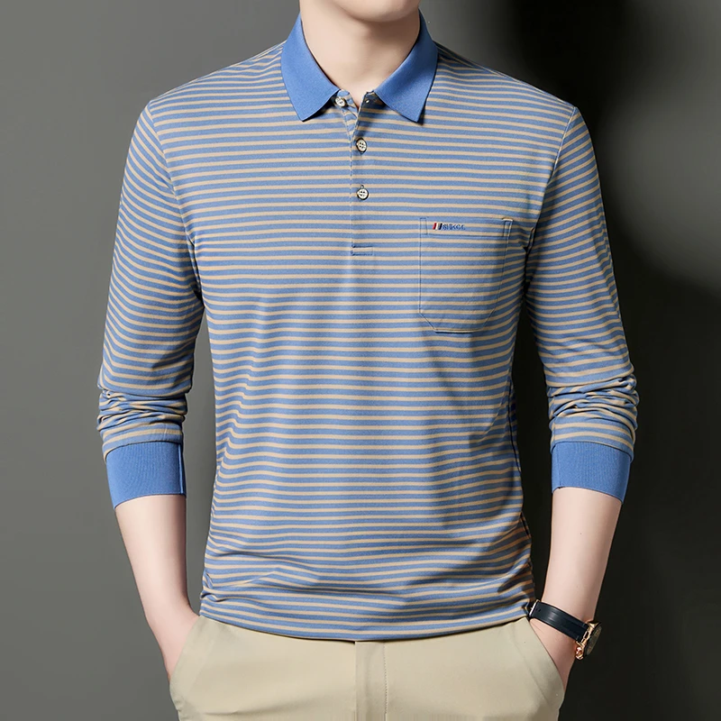 中年爸爸装男士纯棉长袖秋衣外穿打底polo衫春秋季翻领带口袋上衣