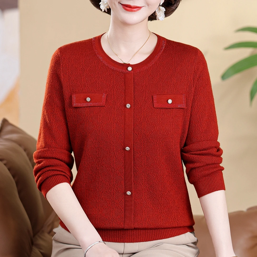 长袖T恤春秋新款毛衣妈妈装羊毛衫中年女士针织衫纯色宽松打底衫