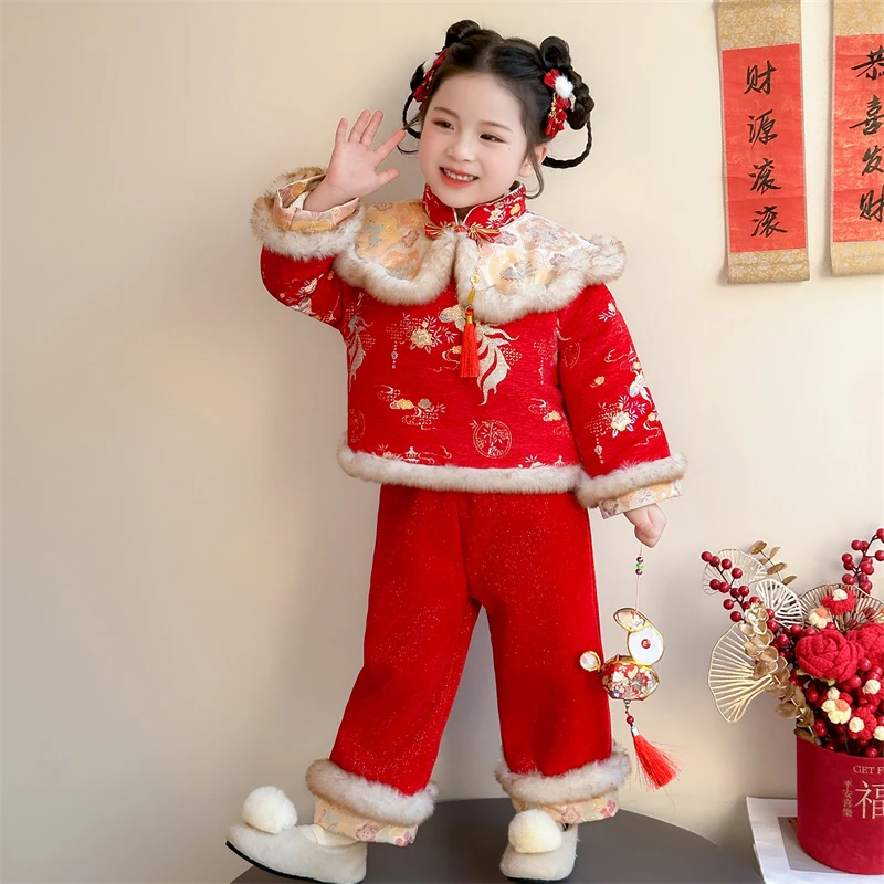 汉服女童拜年服新中式加绒套装儿童国风喜庆新年衣服女宝宝表演服