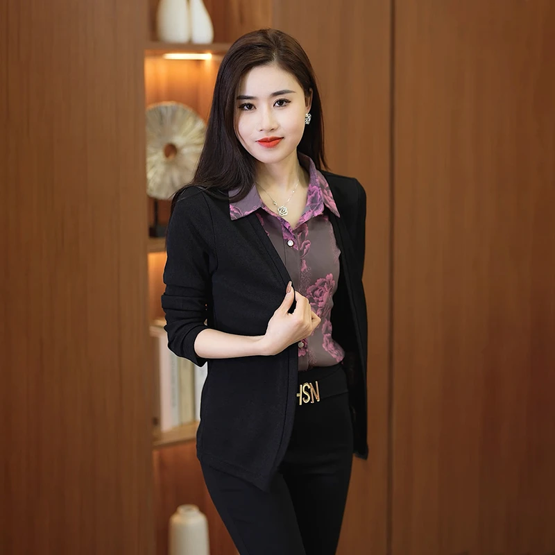 假两件针织印花衬衫女士春秋新款时尚减龄长袖开衫洋气妈妈装上衣