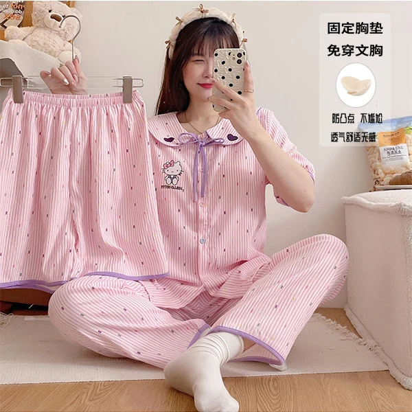 带胸垫睡衣女夏季新款日系ins风可爱粉色波点KT猫甜美少女家居服