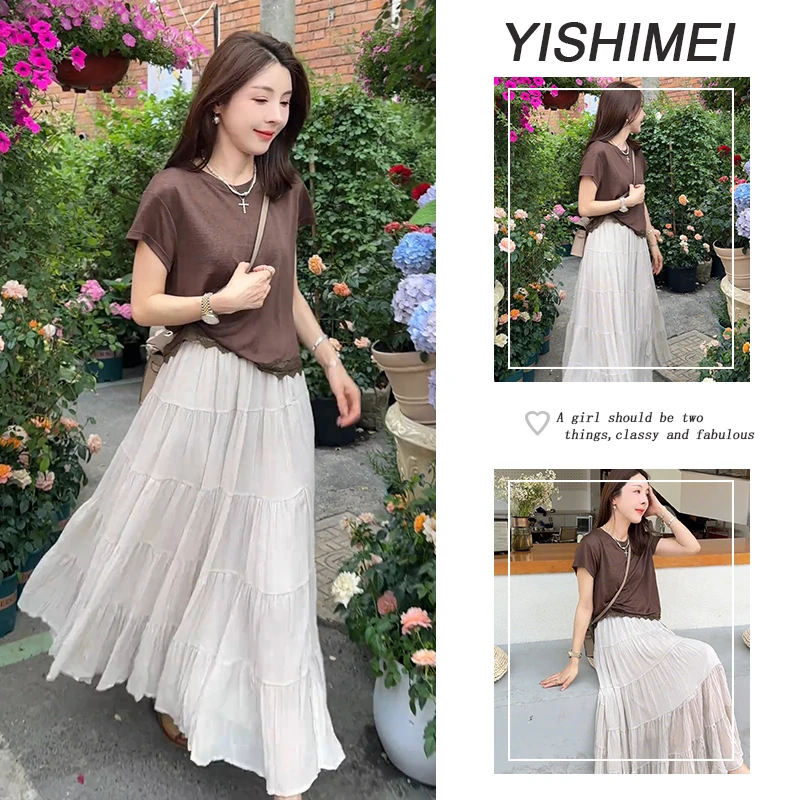 2025年夏季穿搭一整套气质百搭韩系短袖t恤显瘦半身裙两件套装