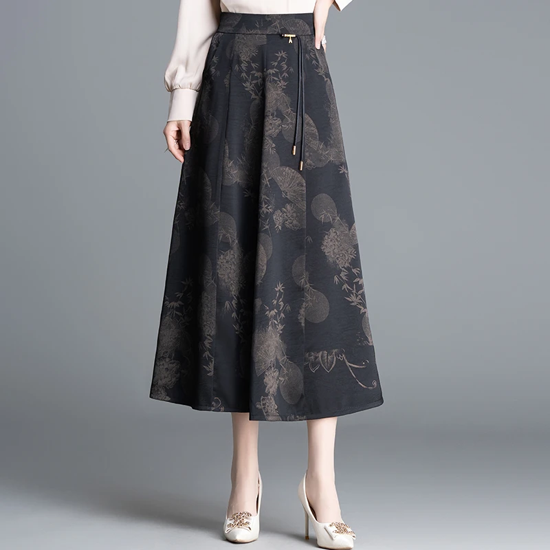 国风印花时尚半身裙女2025年春夏新款中长款垂坠感遮肉显瘦a字裙