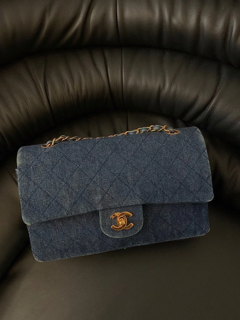 95新 Chanel/香奈儿 HIHI/ 蓝金丹宁cf单肩包  1445890JL