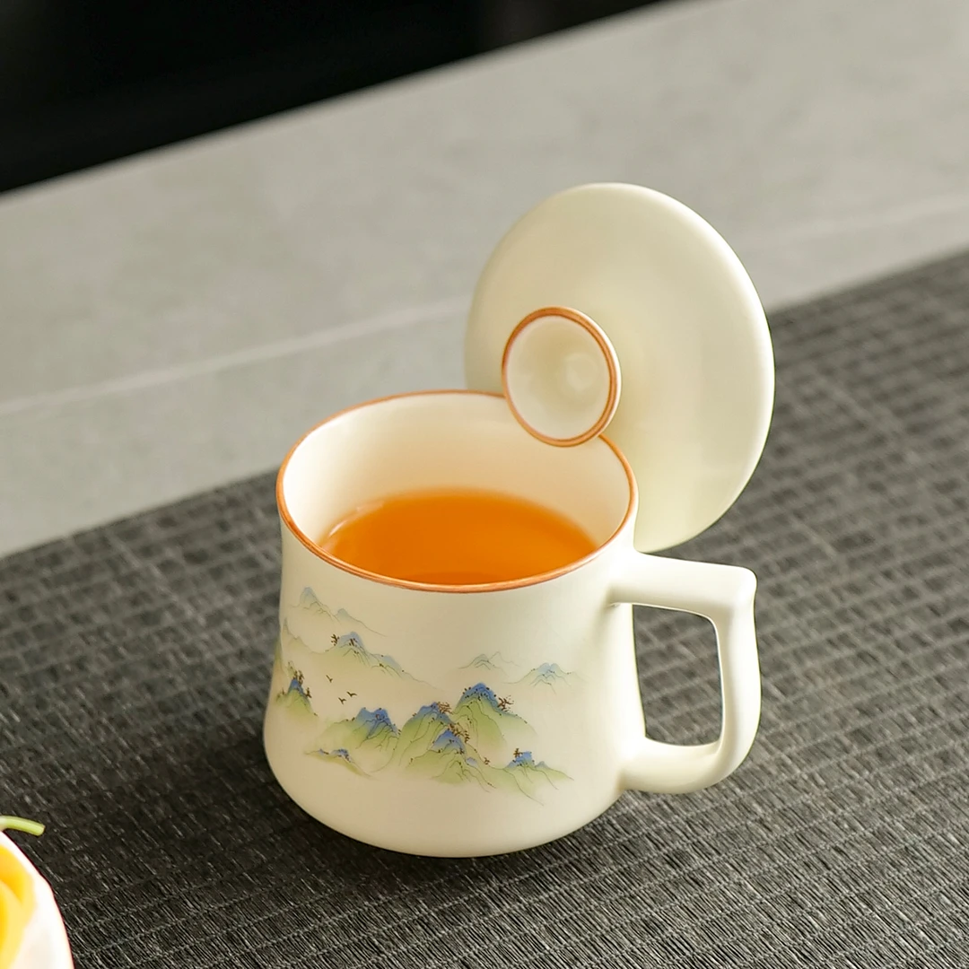 米黄汝窑办公杯大容量陶瓷茶杯泡茶水杯个人专用杯子年会伴手礼品