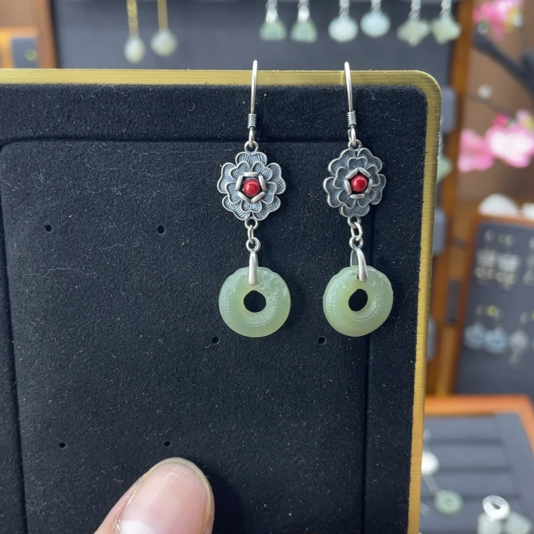 和田玉耳饰银S925镶嵌琬*