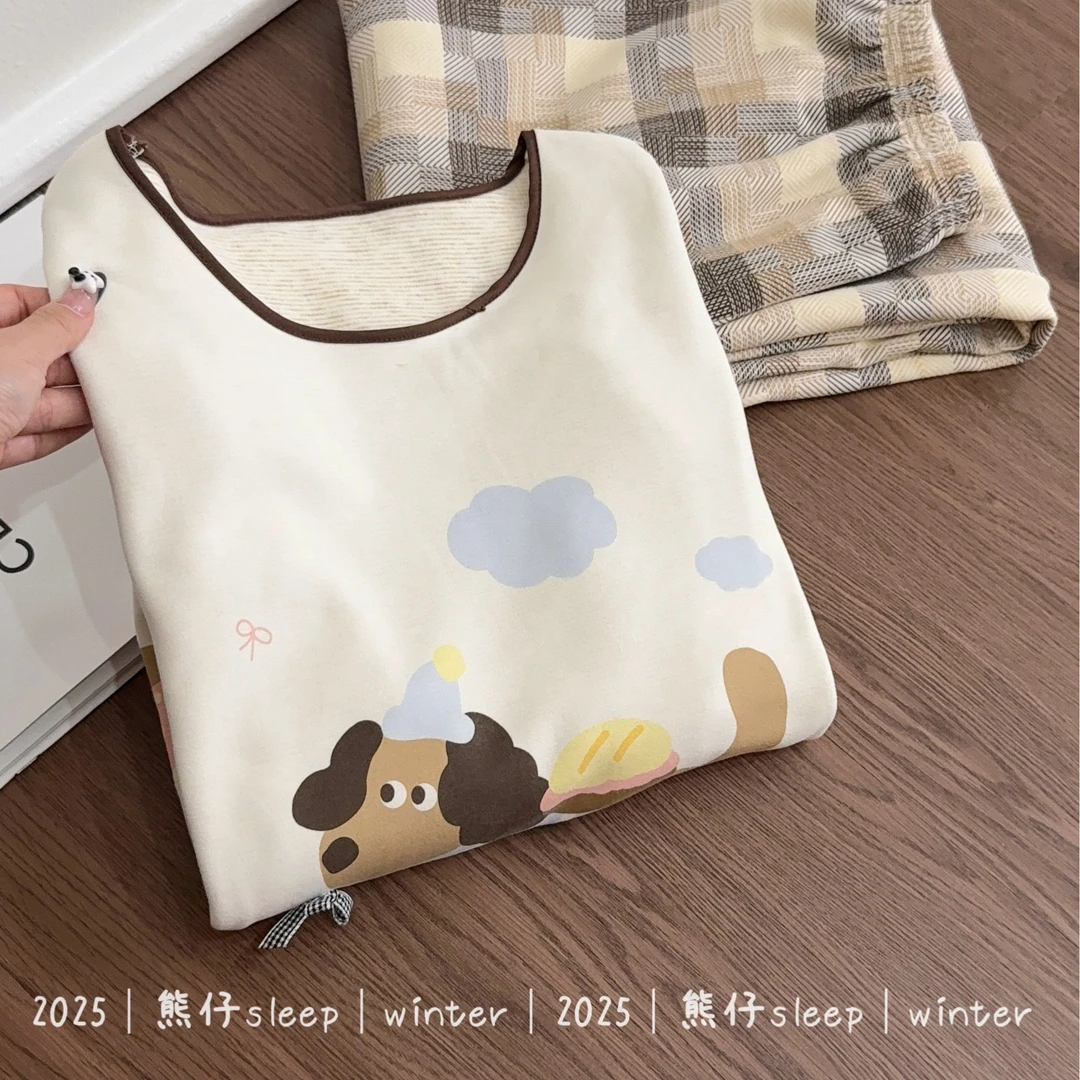 『云朵小狗』秋冬睡衣女亲肤双面磨毛绒保暖卡通套头长袖家居服套装