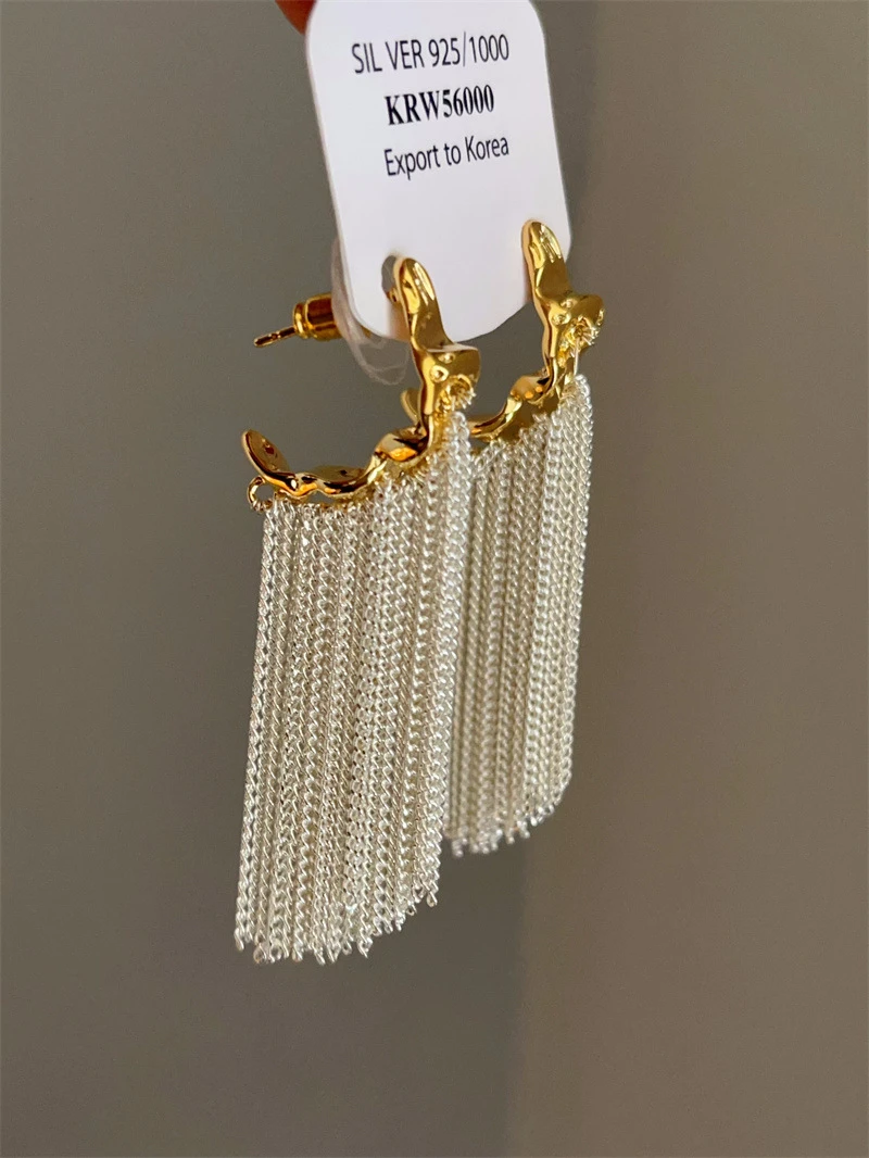 铜合金耳饰 重工C形金属风银河流苏长耳环气质轻奢时尚百搭耳钉