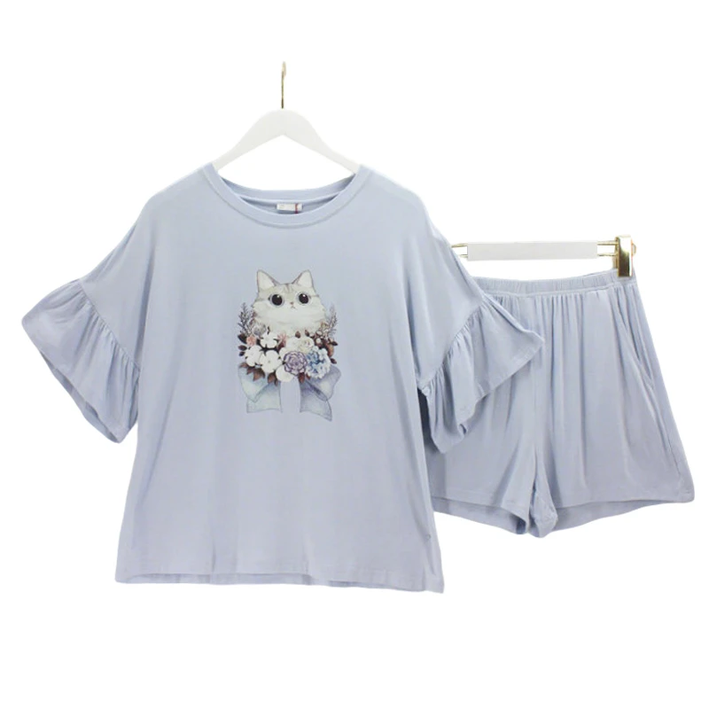 【一套装】MISFL084/女士针织猫咪印花短袖套