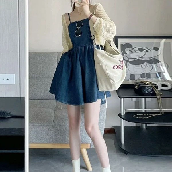 大码新款套装桔梗法式吊带牛仔裙连衣裙子夏女甜美小个子蓬蓬短裙