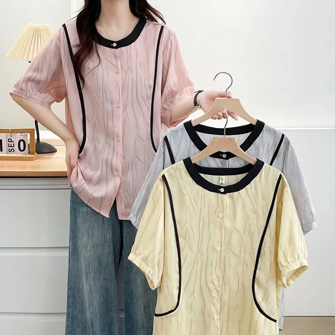 大码女装夏季薄款印花衬衫相色宽松遮肉凉爽短袖衬衣单排扣半袖
