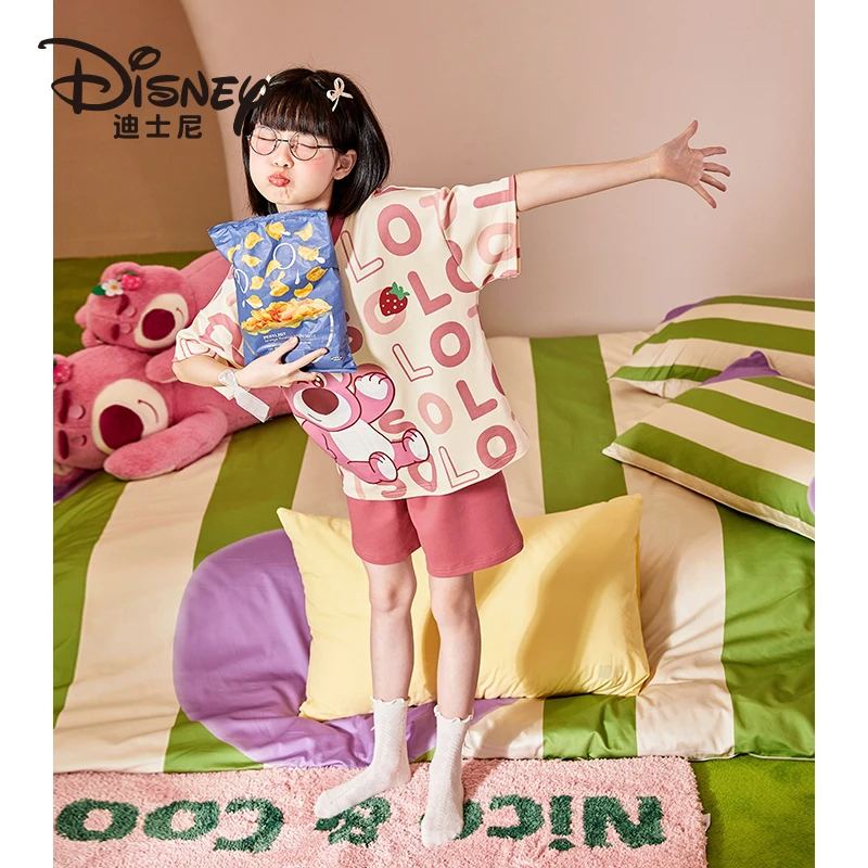 Disney/迪士尼女童睡衣夏季纯棉中大童短袖套装宽松家居服4217