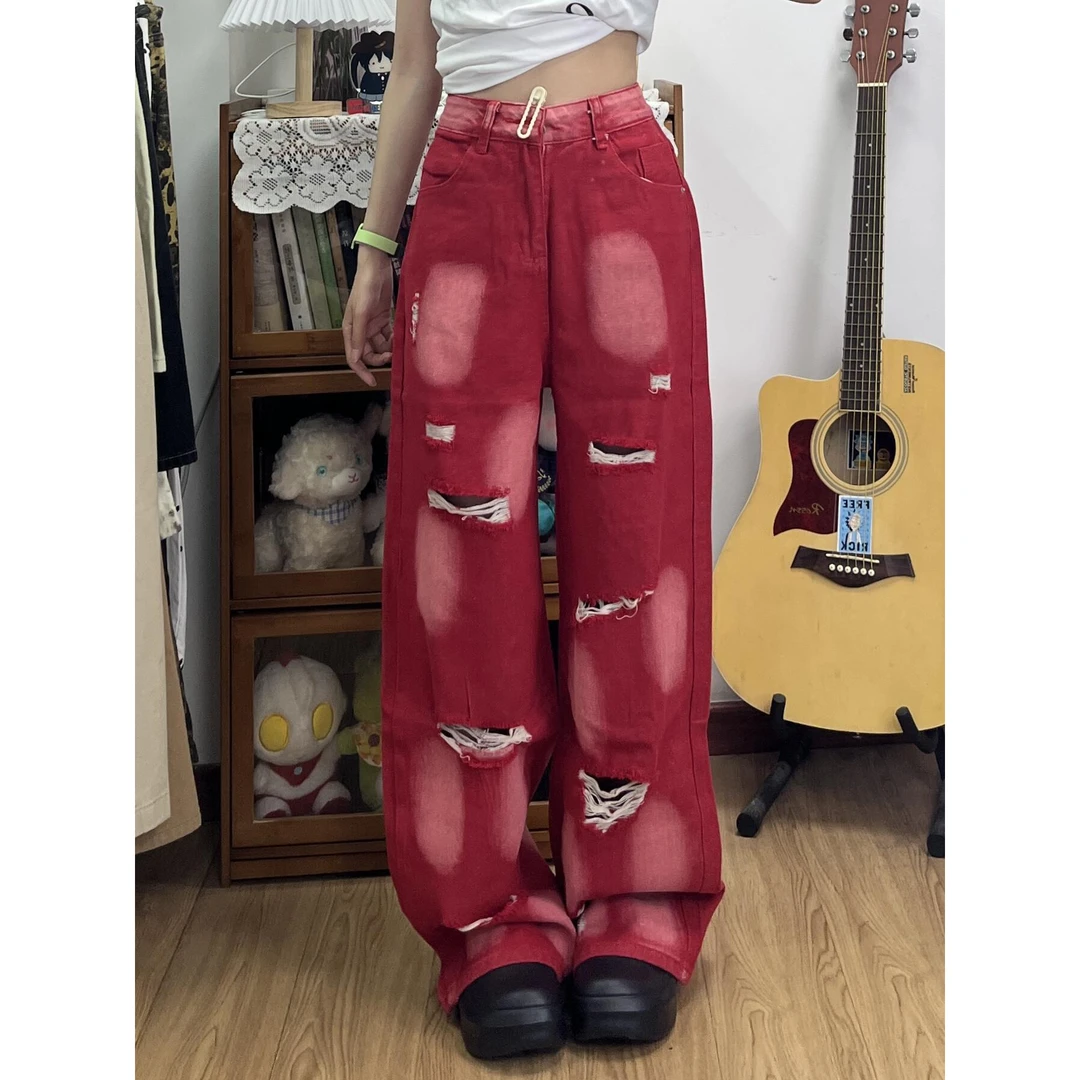 微胖mm红色复古辣妹破洞拖地牛仔裤女夏季高街扎染宽松显瘦阔腿裤