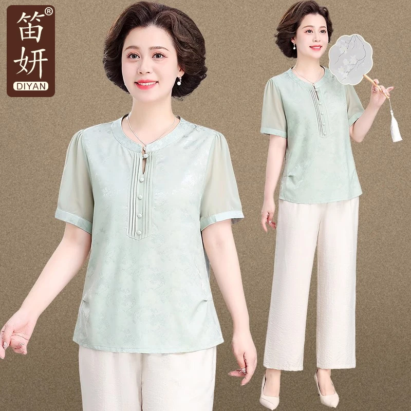 中老年女装夏季冰丝短袖T恤上衣服妈妈夏装套装国风提花缎面小衫