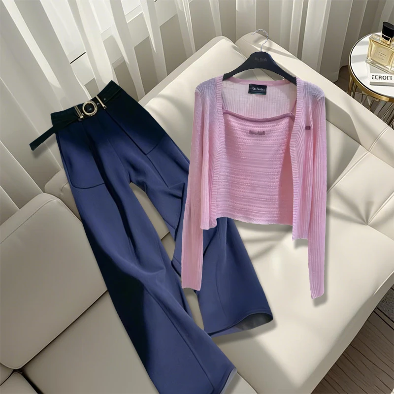 2025新款春游出行衣服女流行爆款高级感粉开衫吊带宽松显瘦直筒裤