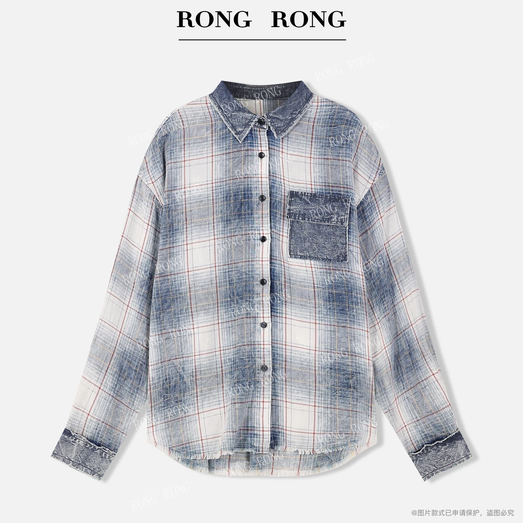 溶溶T【老钱学院】RONGRONG 100棉翻领格纹老钱风文艺范衬衣LT5S012
