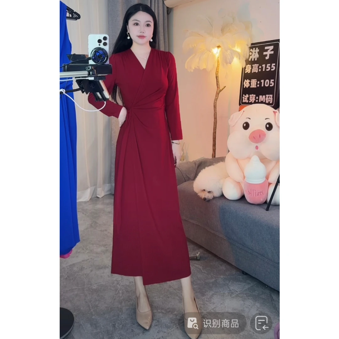 【主播高端定制】法式名媛气质优雅长袖连衣裙时尚宴会婚宴中长裙
