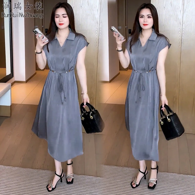 过膝夏季短袖辣妈翻领大码常规夏装时尚连衣裙丹宁风2025妈妈装潮