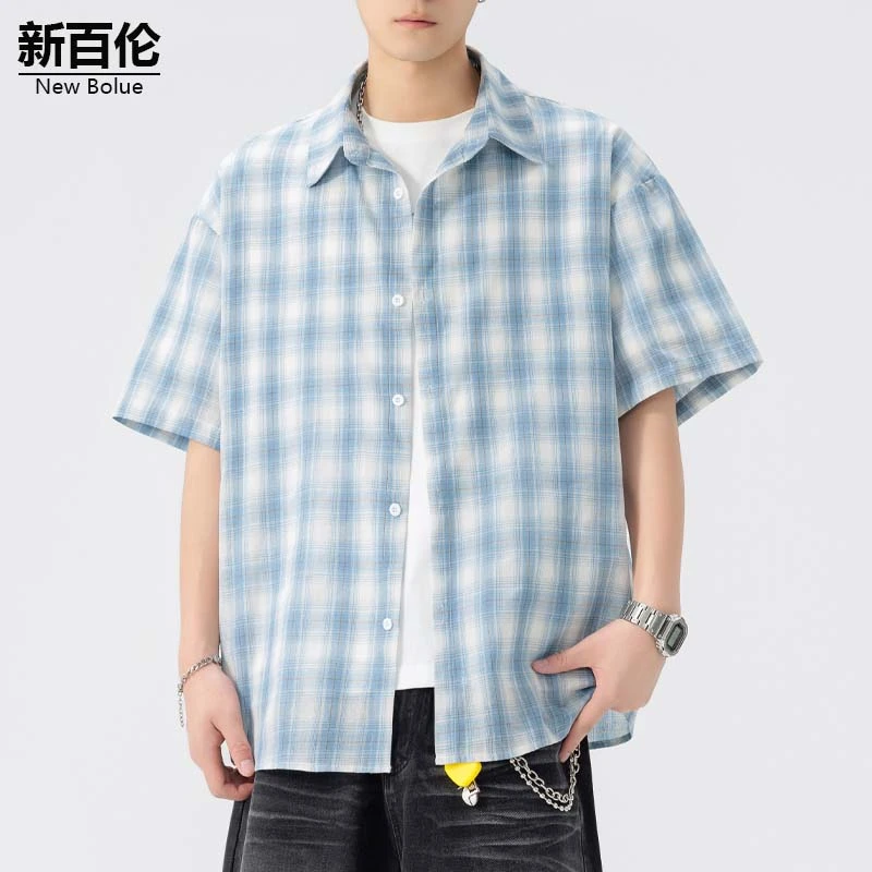 新百伦/NEW BOLUNE2025夏季新款蓝色格子短袖男宽松休闲百搭T恤衫