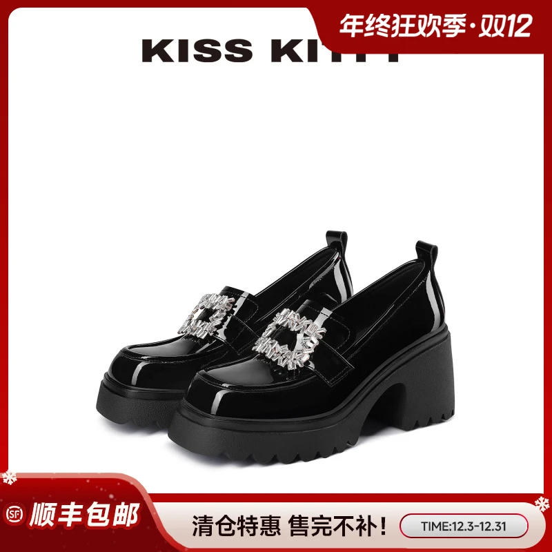KISSKITTY水钻大方扣乐福鞋25年秋季款女单鞋通勤时装鞋增高厚底