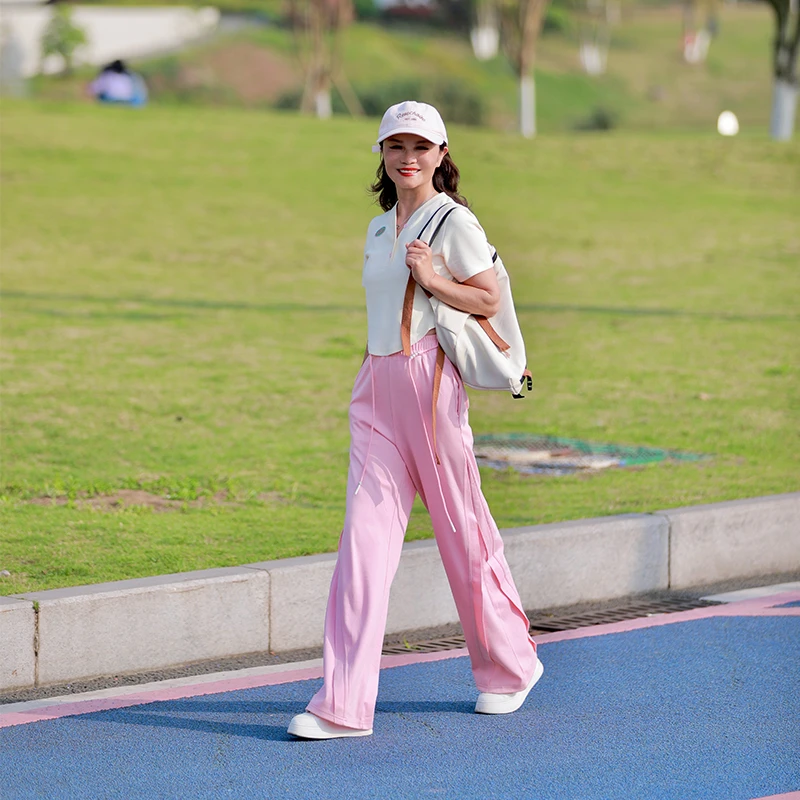 粉色休闲运动套装女夏时尚洋气减龄显瘦V领短袖高腰阔腿裤两件套