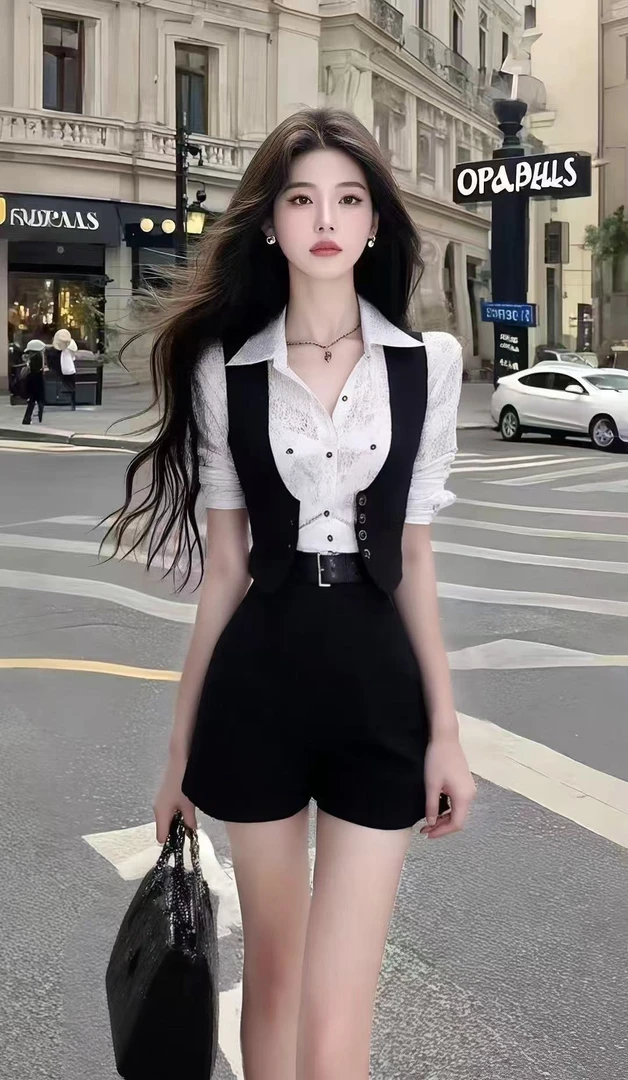 新款时尚撞色修身不规则短袖衬衫领上衣+黑色百搭显瘦半身裙套装