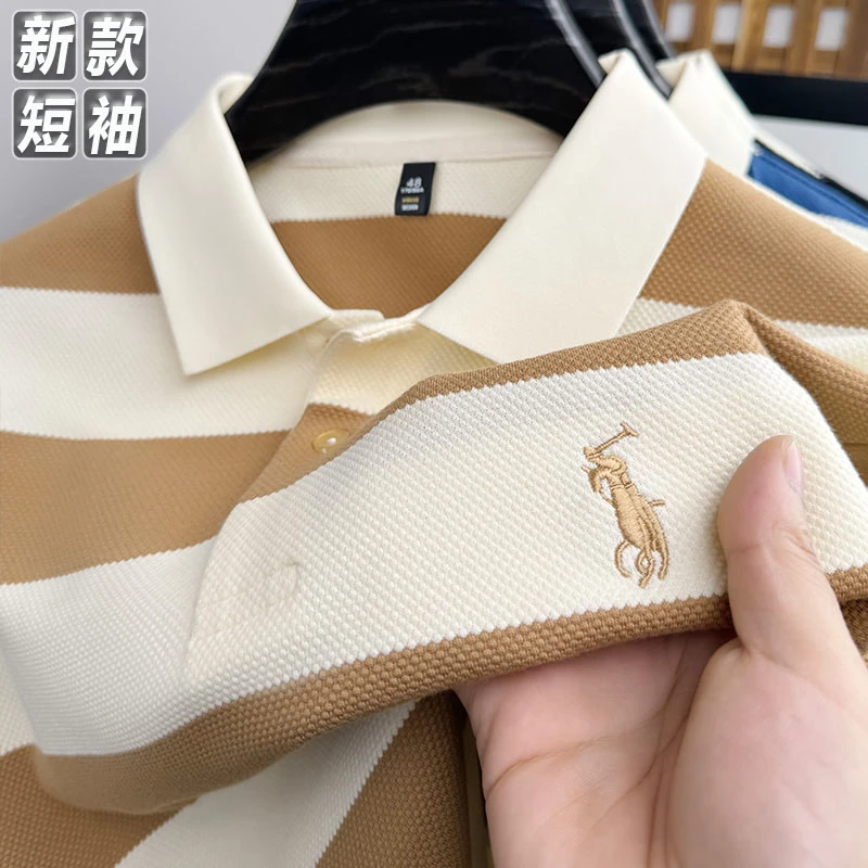夏季新款潮流条纹POLO衫时尚百搭翻领短袖男士t恤保罗宽松半袖衫