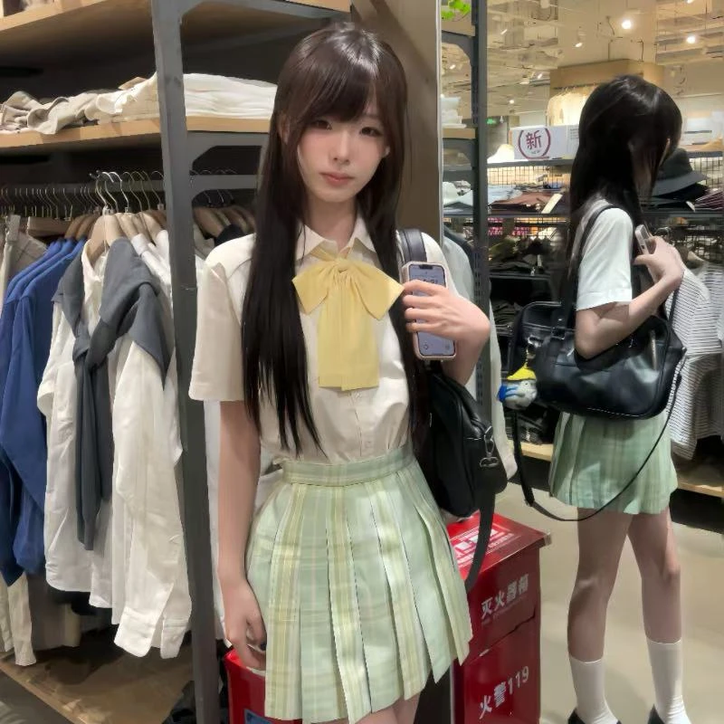 花京院原创JK【茉莉柠檬茶】青草色显白学生格子夏季短裙半身裙