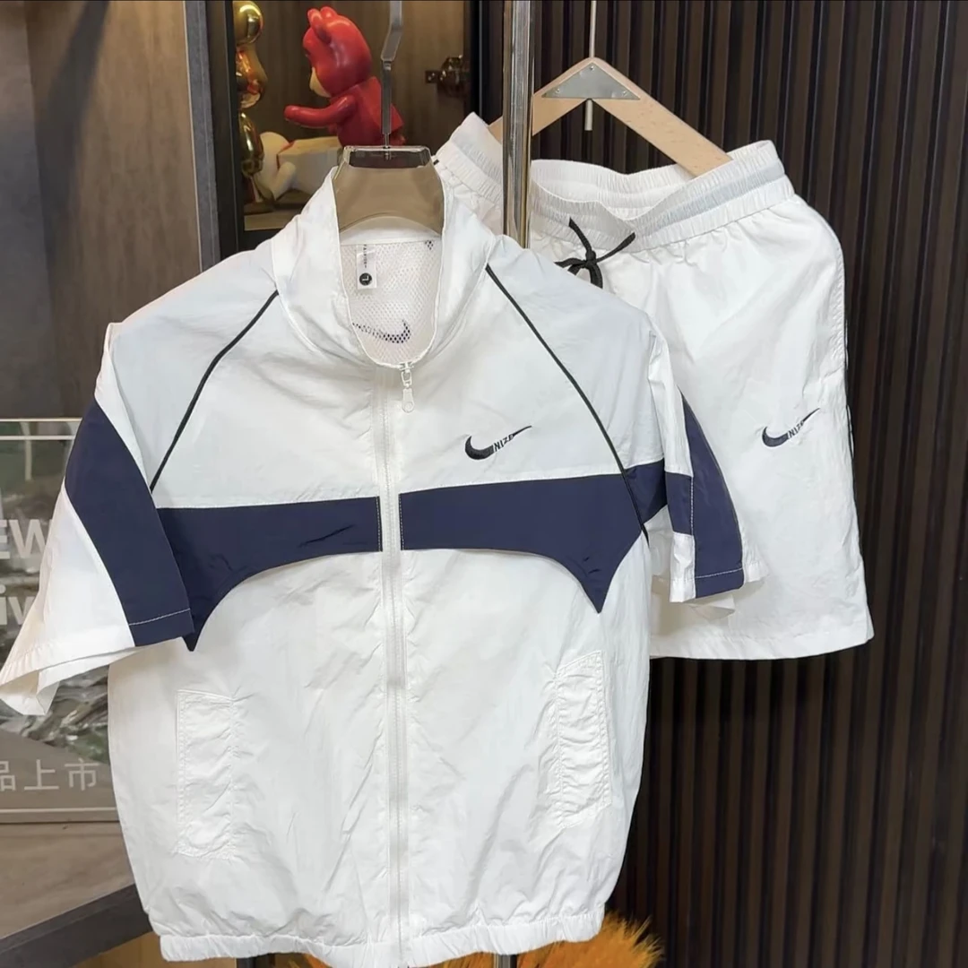 夏季新款男士立领刺绣时尚休闲潮流拼色轻薄套装