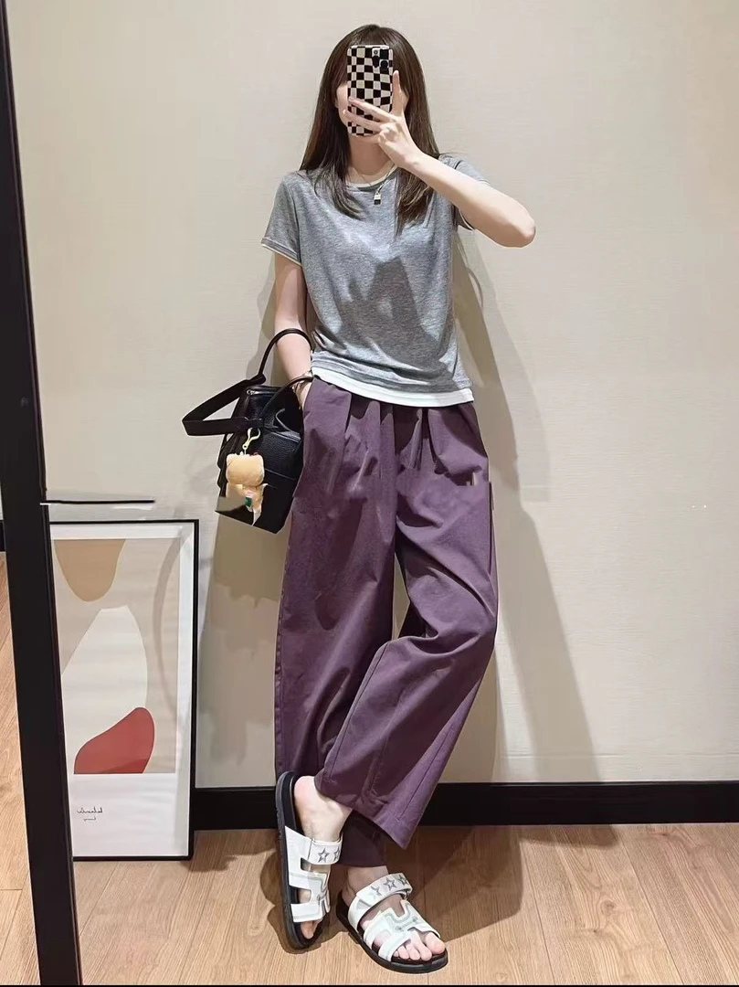 YOYOGALI 松紧腰宽松阔腿九分哈伦裤689直筒纯色休闲百搭689