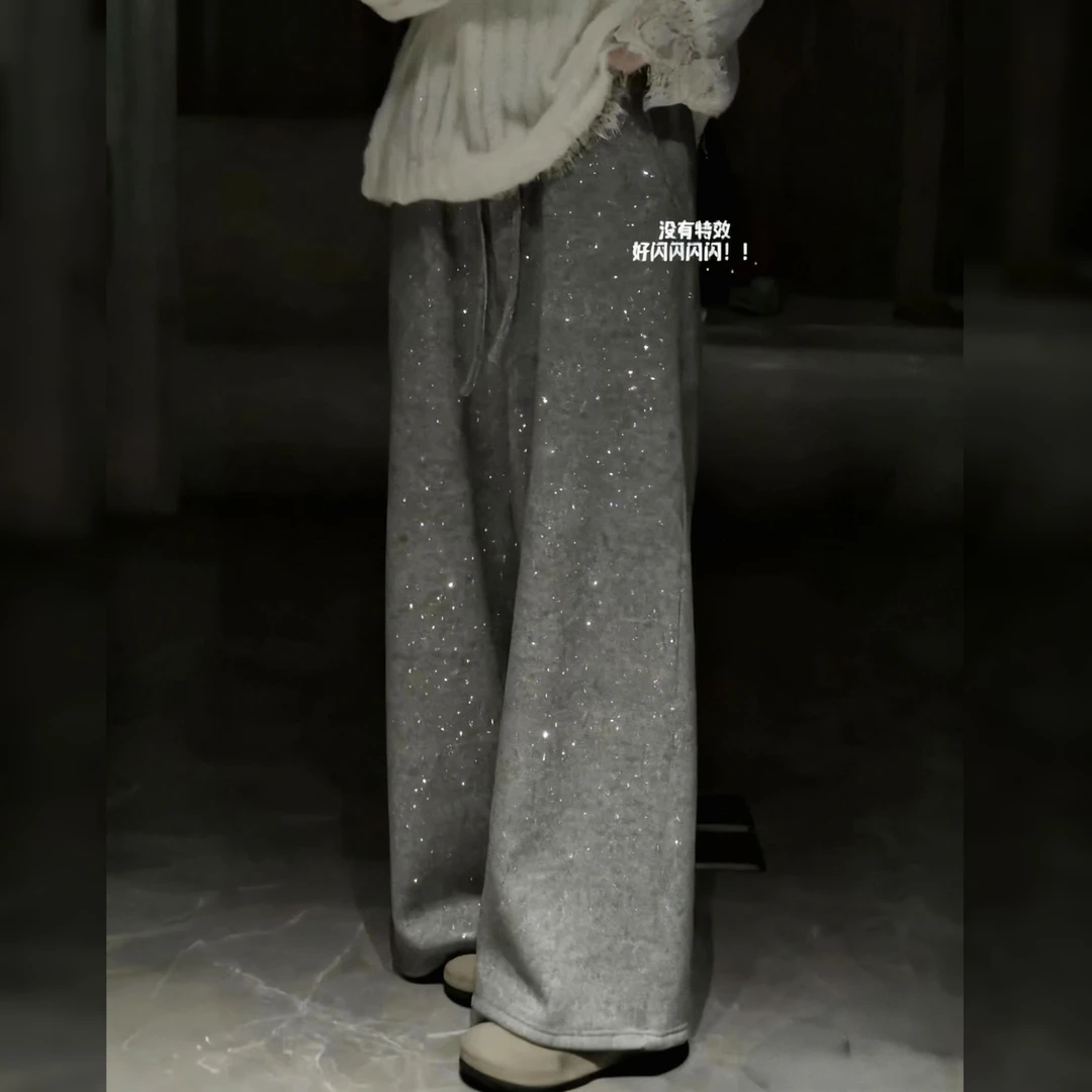 冬季灰色慵懒风闪闪设计感宽松休闲阔腿裤女高腰显瘦加绒直筒裤子