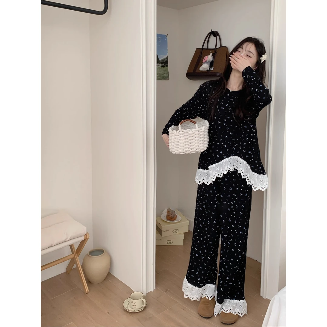 韩国风甜美高级感秋冬清新松弛感开衫碎花睡衣女2025春秋家居套装