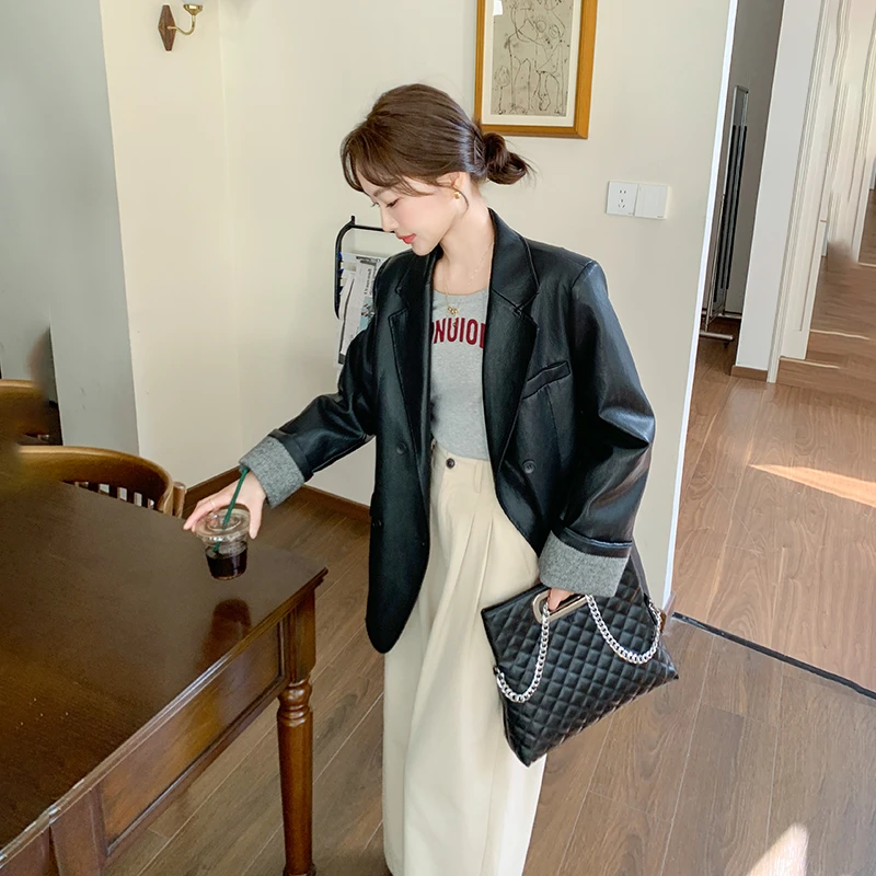 御姐风黑色复古皮衣西装外套女2025初春新款高级感拼接时尚小西服